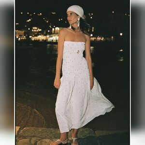 Zara White Smocked Midi Dress with Multicolor Pom Accents